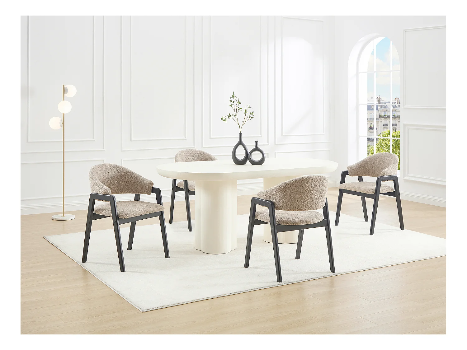 Lot de 6 chaises avec accoudoirs en tissu bouclette et bois d'hévéa - Taupe et noir - SOLUNA