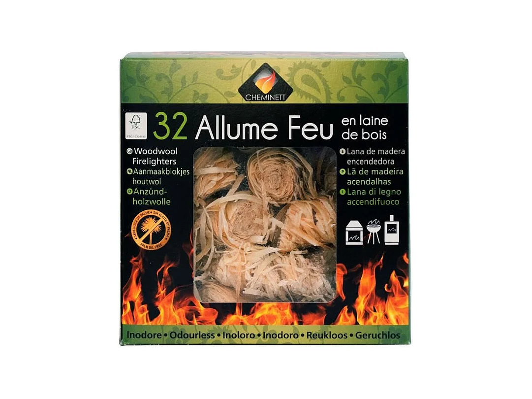 Lot de 32 Allume-feu en Laine de Bois 100% Végétale FSC