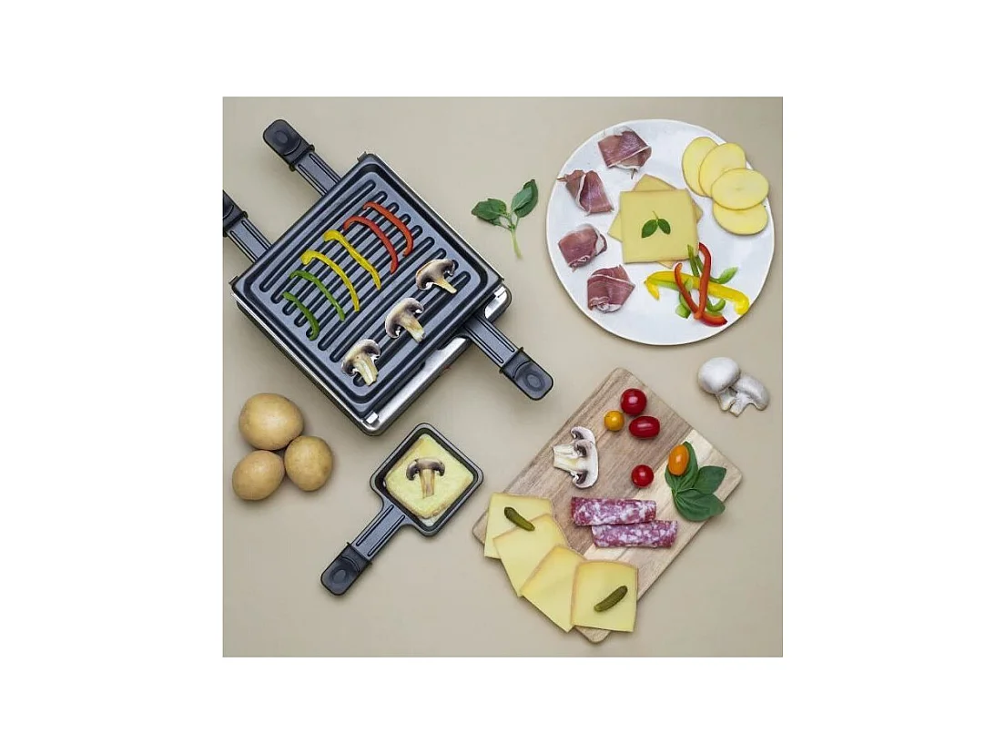 Raclette und Grill für 4 Personen – 600 W – Antihaftbeschichtung – 19,7 x 19,7 cm