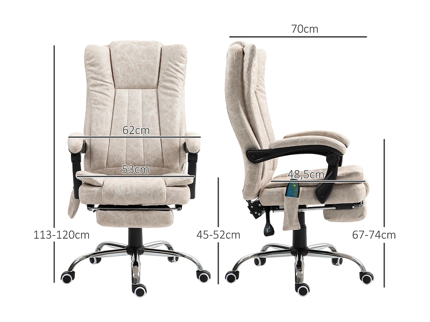 Silla de oficina Orquídea Homcom 6 puntos de masaje + calefacción + reposapiés crema 113-120x70x62 cm