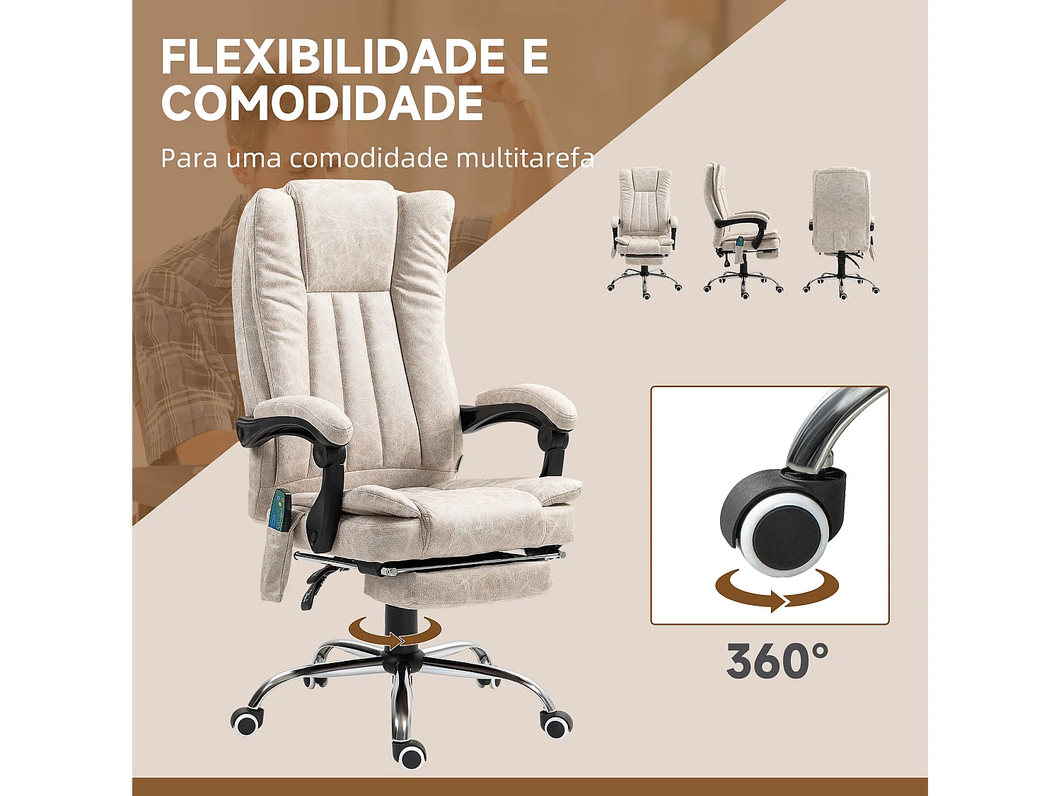 Silla de oficina Orquídea Homcom 6 puntos de masaje + calefacción + reposapiés crema 113-120x70x62 cm