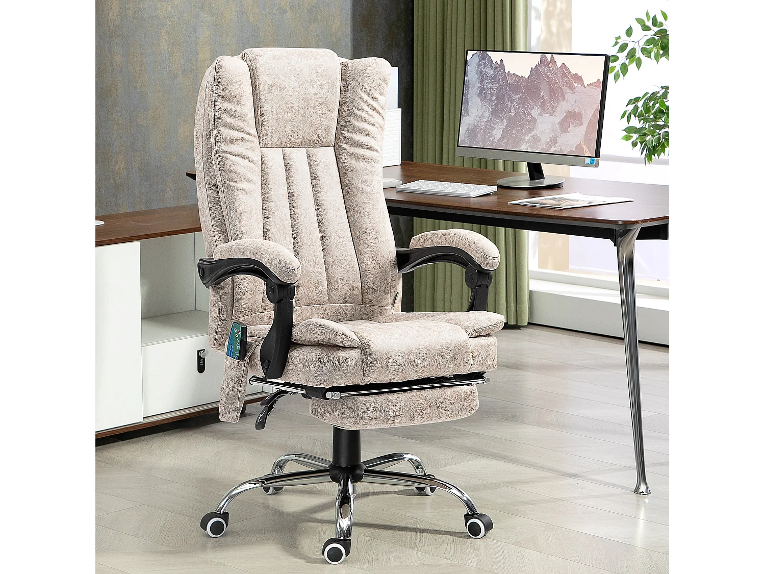Silla de oficina Orquídea Homcom 6 puntos de masaje + calefacción + reposapiés crema 113-120x70x62 cm