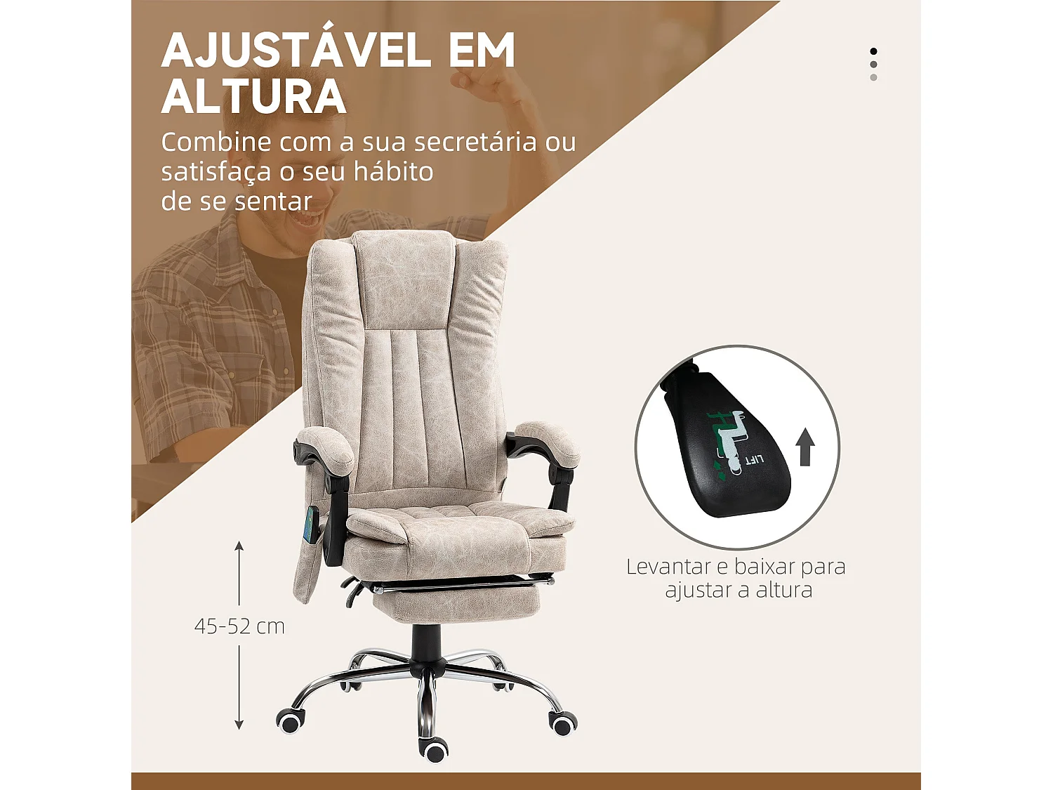 Silla de oficina Orquídea Homcom 6 puntos de masaje + calefacción + reposapiés crema 113-120x70x62 cm