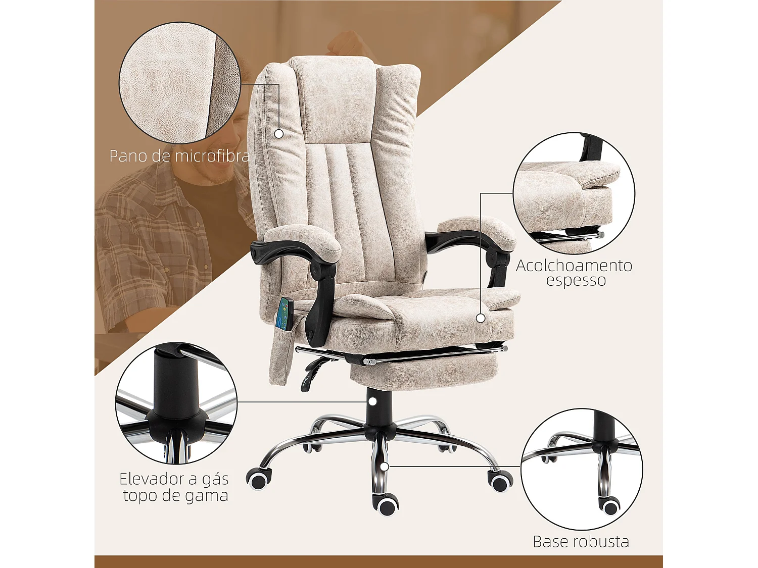 Silla de oficina Orquídea Homcom 6 puntos de masaje + calefacción + reposapiés crema 113-120x70x62 cm