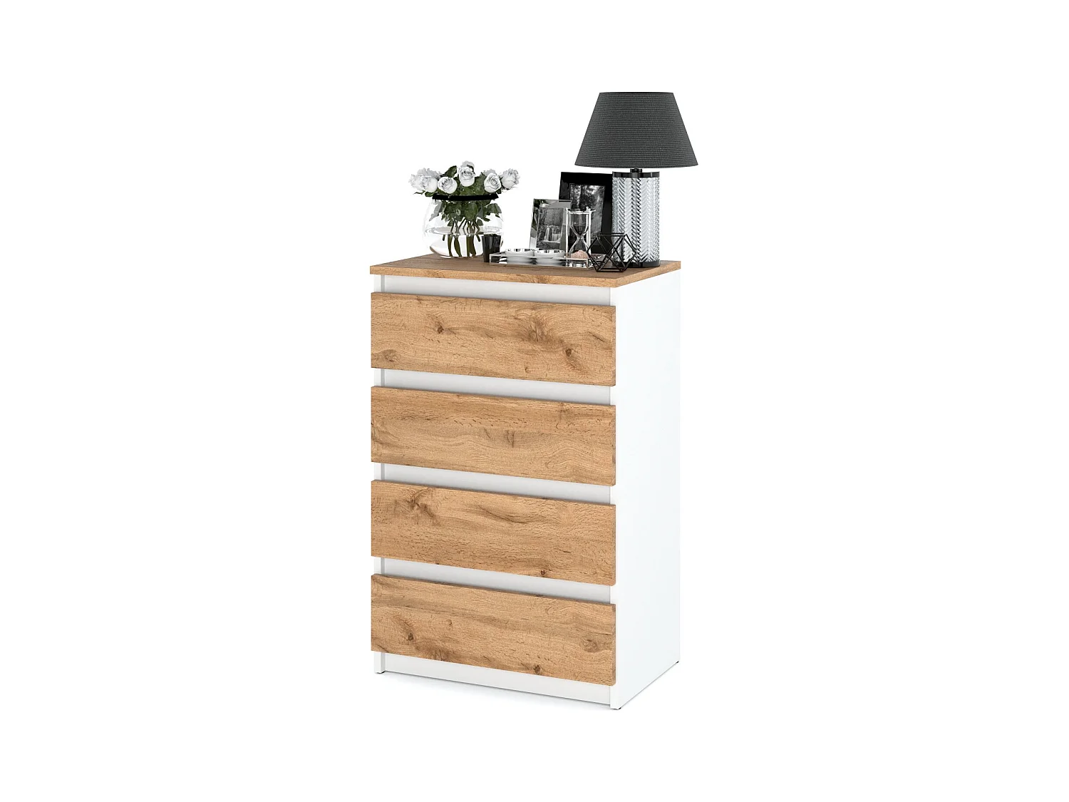 Commode Blanche Chêne Wotan avec 4 Tiroirs 60 cm Meuble TV pour Salon Buffet