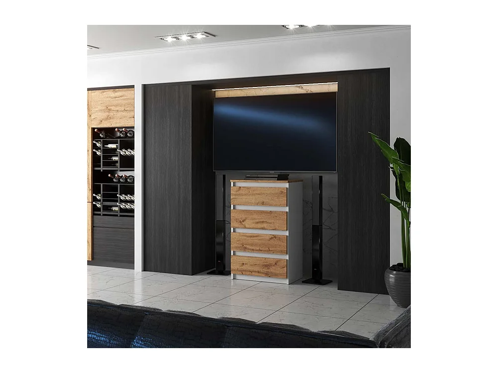 Commode Blanche Chêne Wotan avec 4 Tiroirs 60 cm Meuble TV pour Salon Buffet
