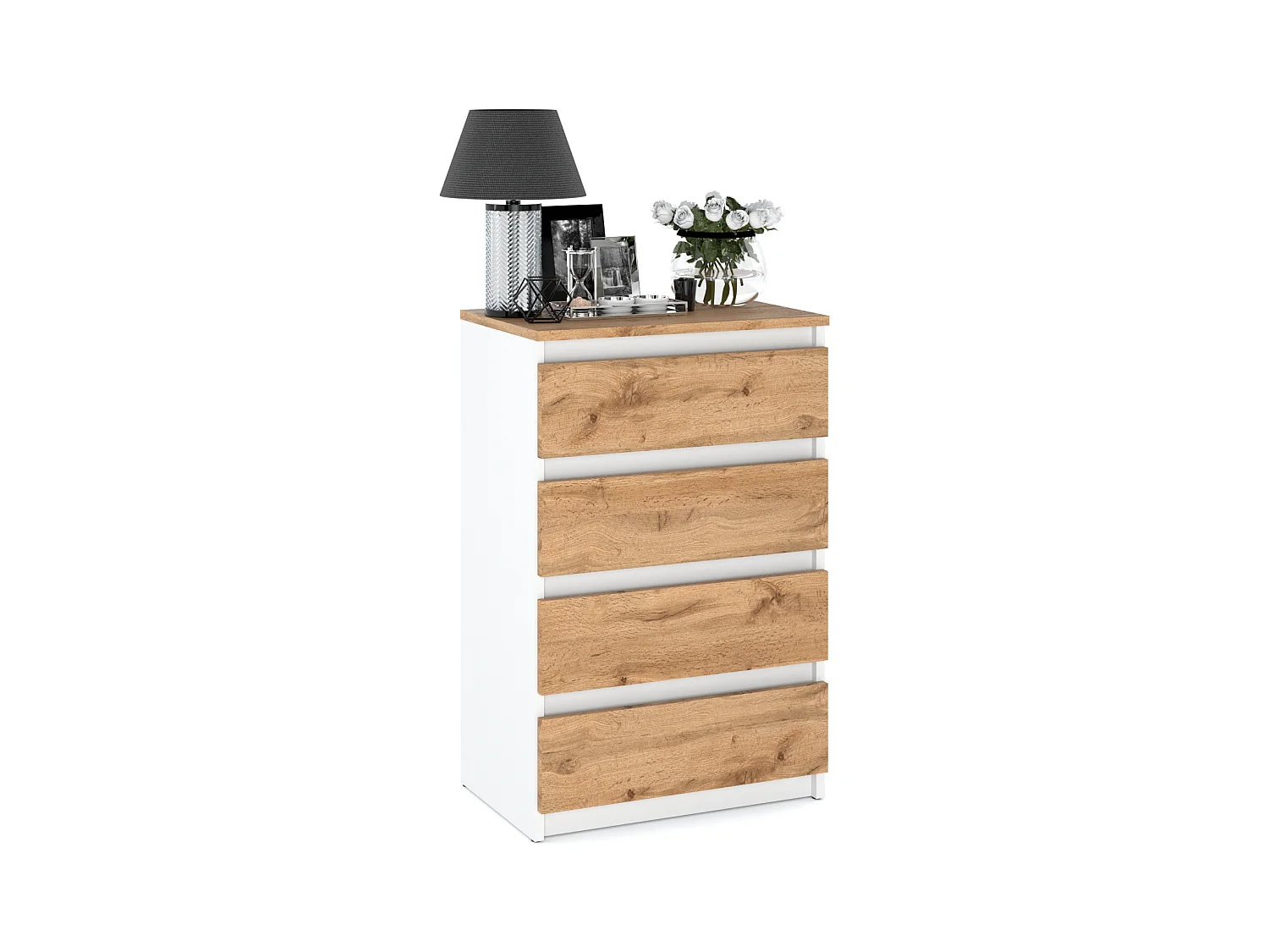Commode Blanche Chêne Wotan avec 4 Tiroirs 60 cm Meuble TV pour Salon Buffet