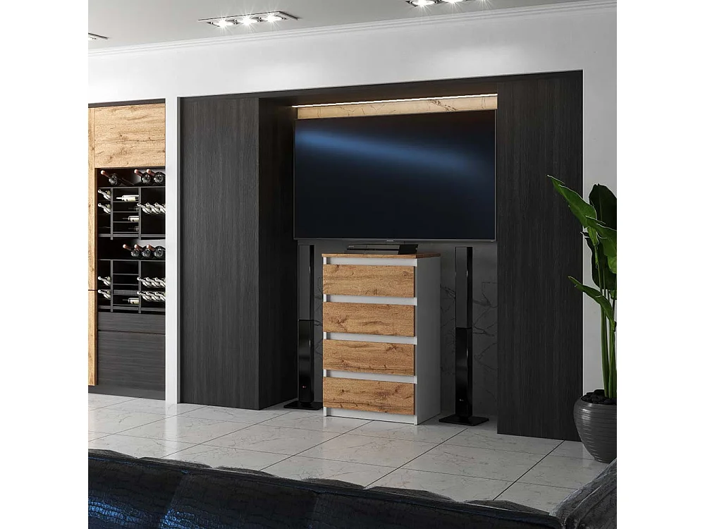 Commode Blanche Chêne Wotan avec 4 Tiroirs 60 cm Meuble TV pour Salon Buffet