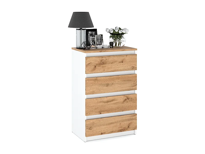 Commode Blanche Chêne Wotan avec 4 Tiroirs 60 cm Meuble TV pour Salon Buffet