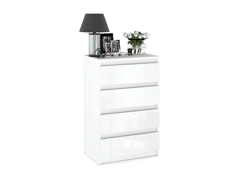 Commode blanche brillant 60 cm avec 4 tiroirs – meuble TV, mobilier pour salon et chambre LOFT