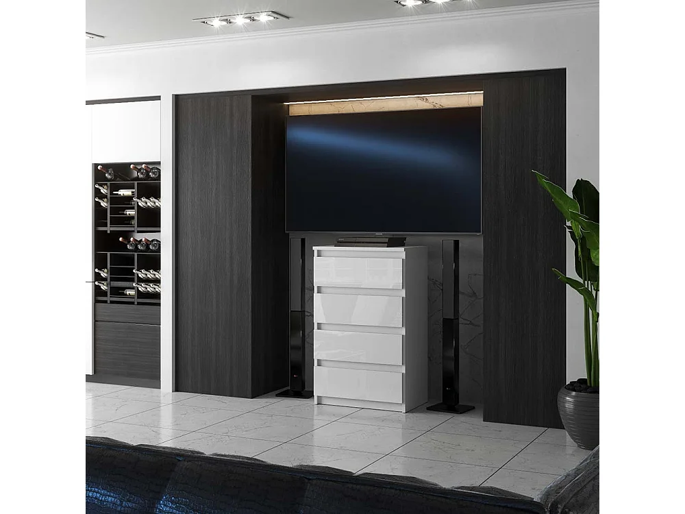 Commode blanche brillant 60 cm avec 4 tiroirs – meuble TV, mobilier pour salon et chambre LOFT