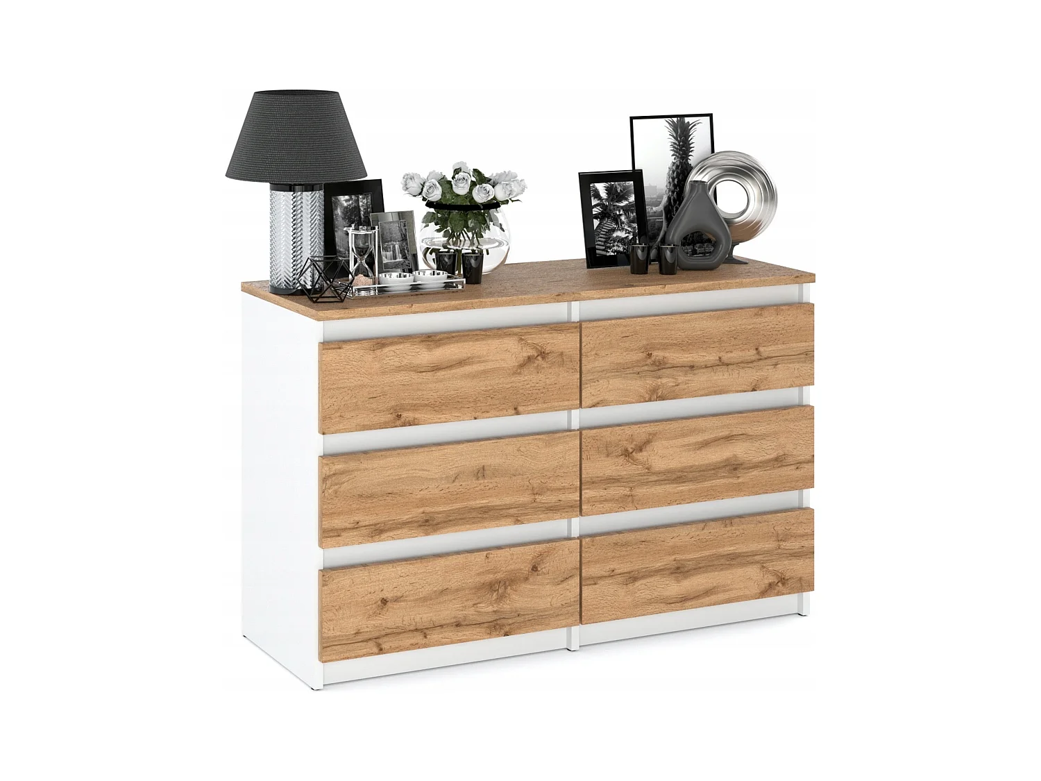 Commode 6 tiroirs – style contemporain – blanc et chêne Wotan – 100 cm -chifonnier