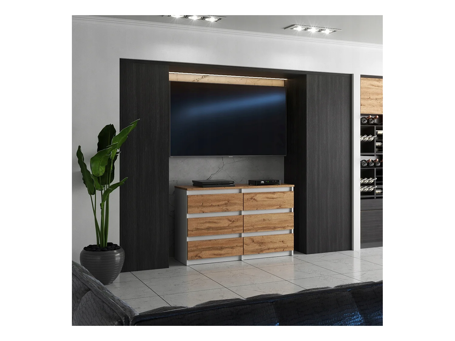 Commode 6 tiroirs – style contemporain – blanc et chêne Wotan – 100 cm -chifonnier