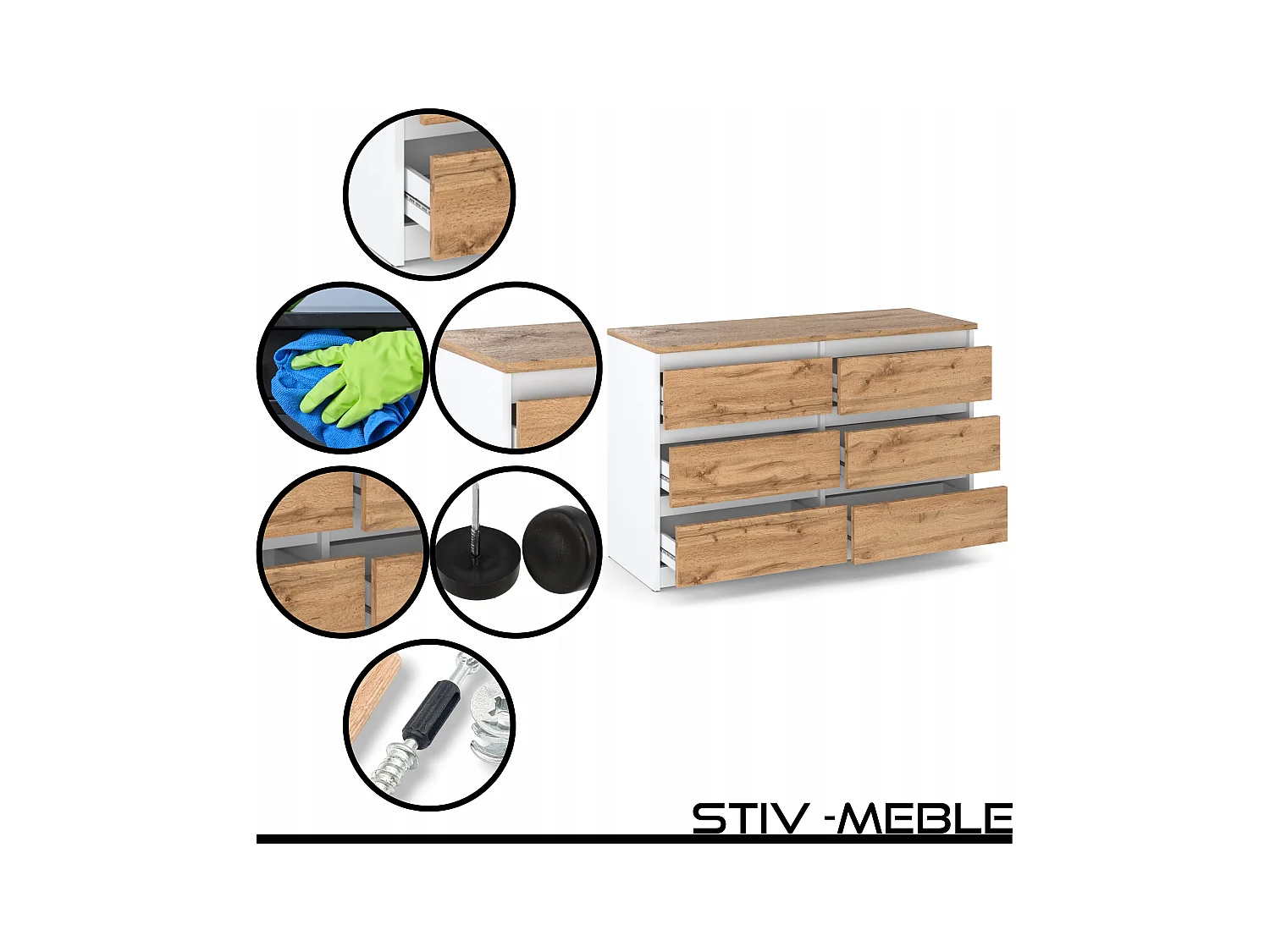 Commode 6 tiroirs – style contemporain – blanc et chêne Wotan – 100 cm -chifonnier