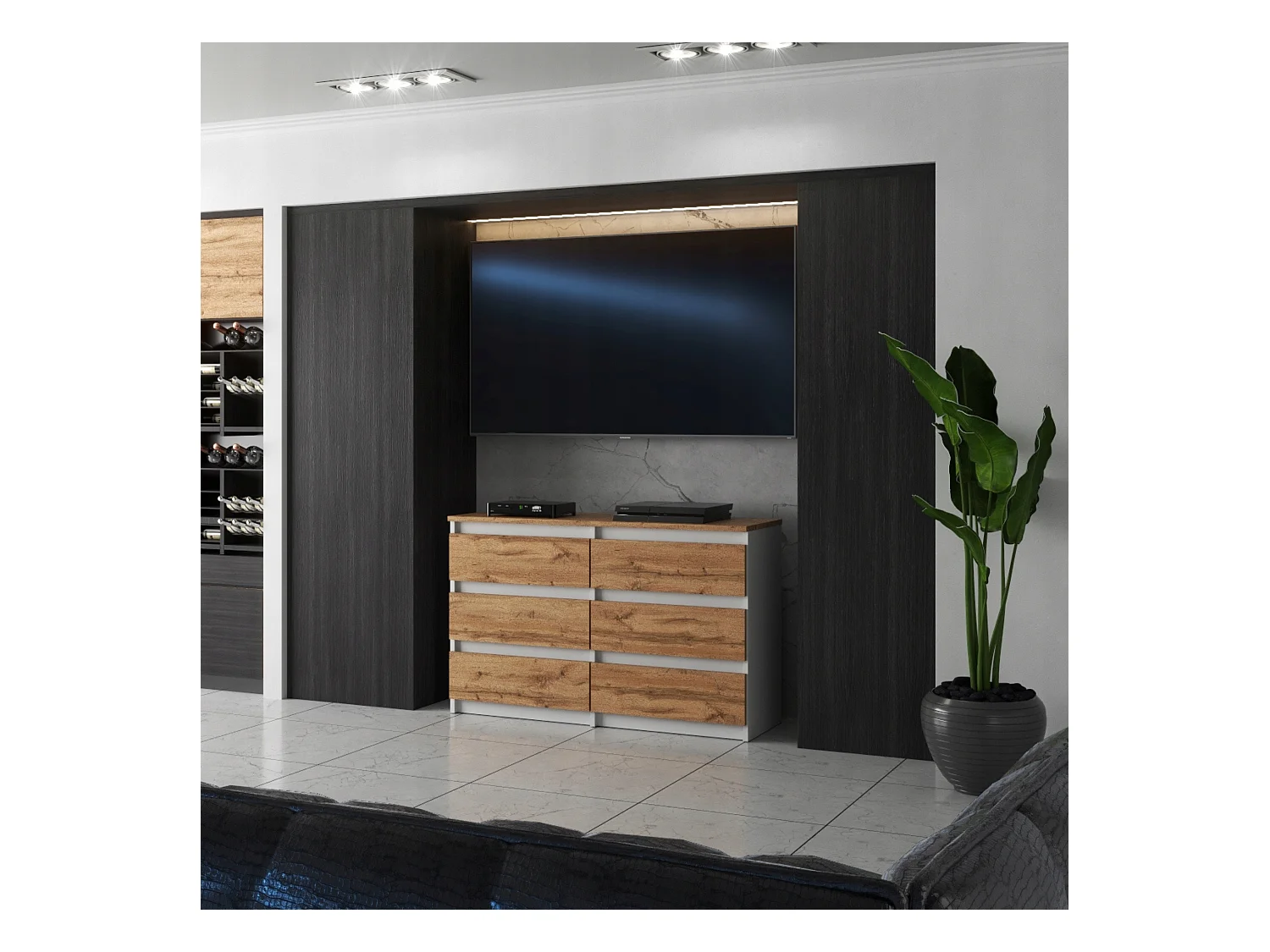 Commode 6 tiroirs – style contemporain – blanc et chêne Wotan – 100 cm -chifonnier