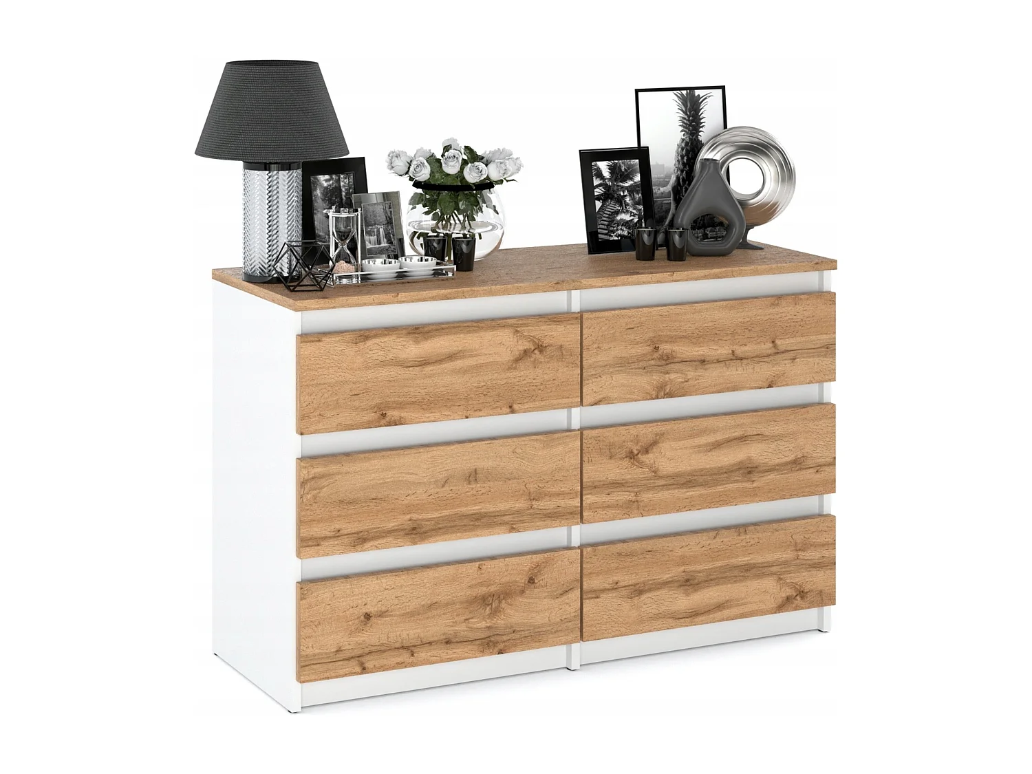 Commode 6 tiroirs – style contemporain – blanc et chêne Wotan – 100 cm -chifonnier