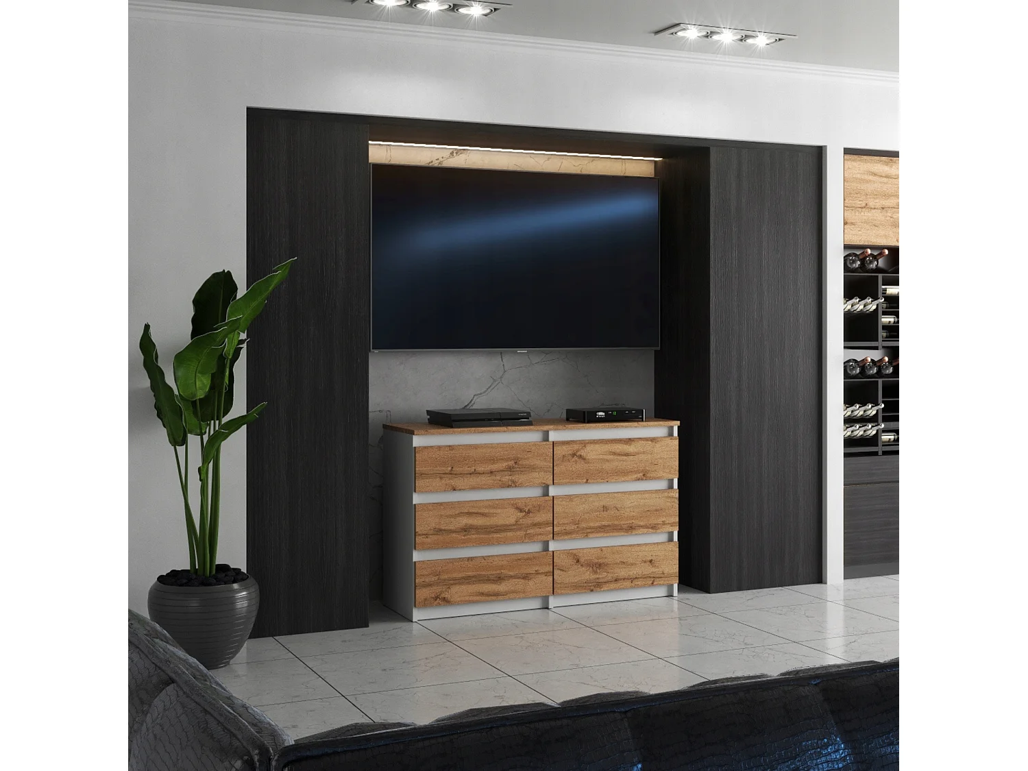 Commode 6 tiroirs – style contemporain – blanc et chêne Wotan – 100 cm -chifonnier