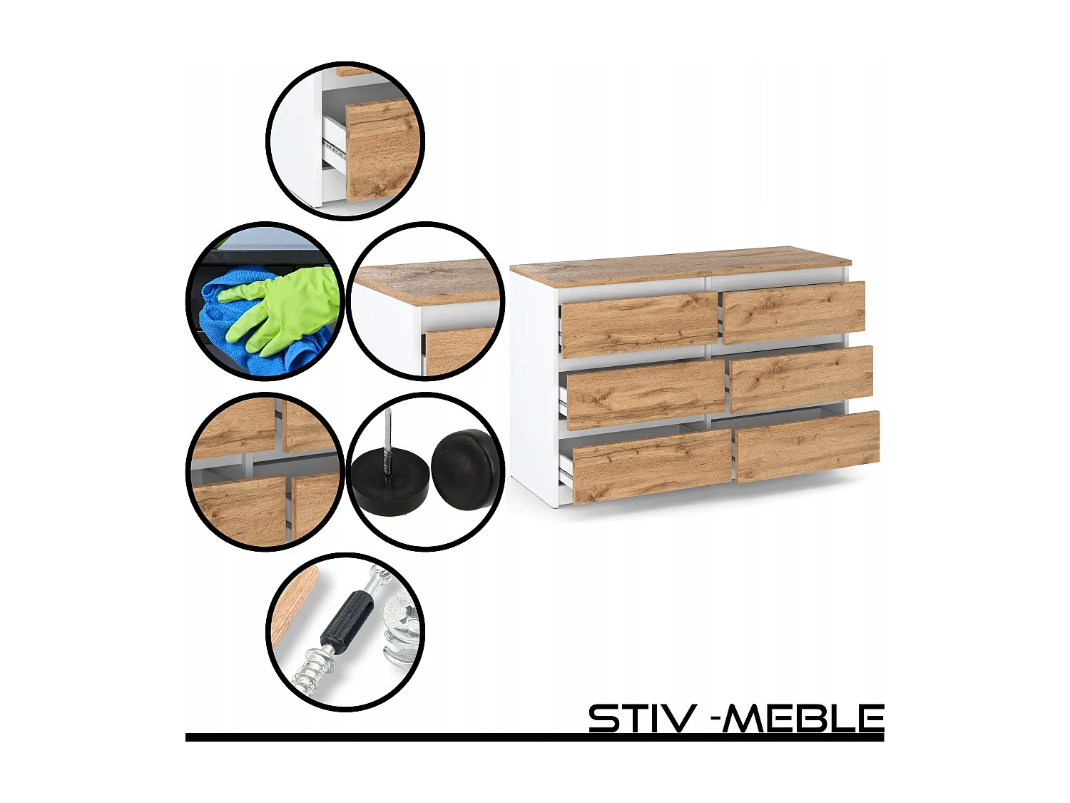 Commode 6 tiroirs – style contemporain – blanc et chêne Wotan – 100 cm -chifonnier