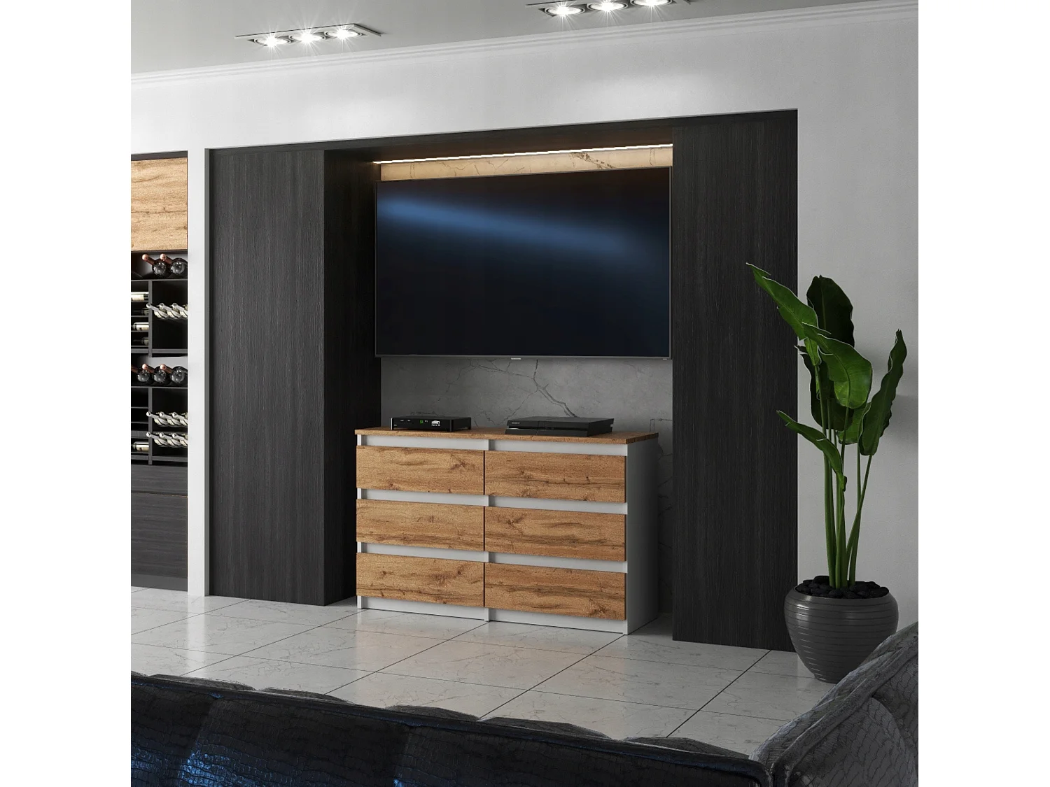 Commode 6 tiroirs – style contemporain – blanc et chêne Wotan – 100 cm -chifonnier