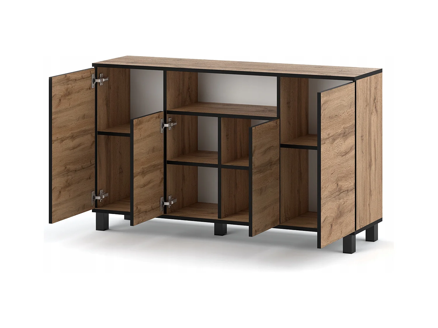 Grande commode style scandinave  Chêne Wotan 140 CM avec 9 étagères TV Salon bureau