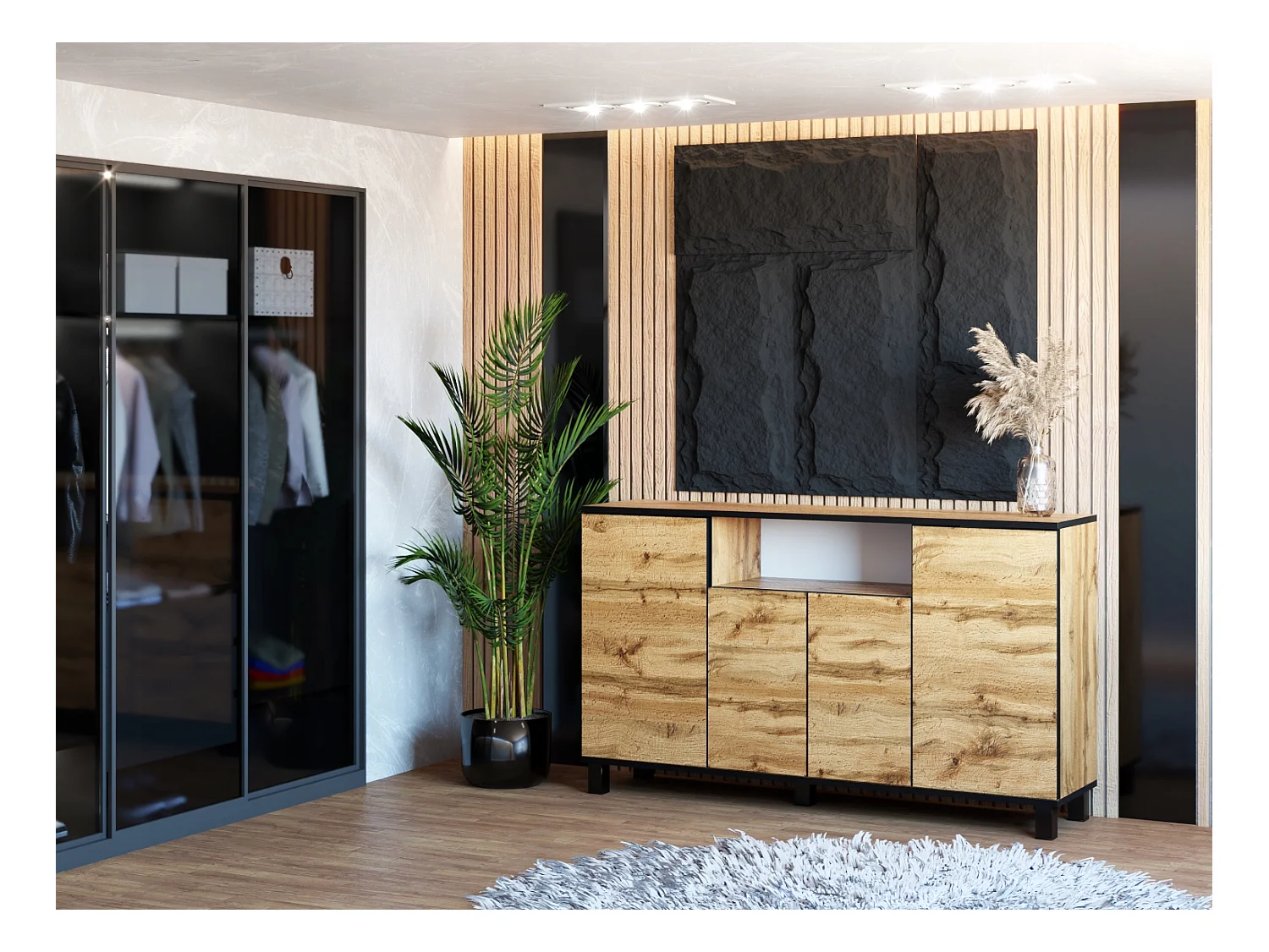 Grande commode style scandinave  Chêne Wotan 140 CM avec 9 étagères TV Salon bureau