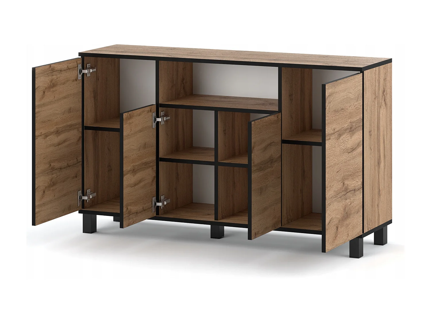 Grande commode style scandinave Chêne Wotan 140 CM avec 9 étagères TV Salon bureau