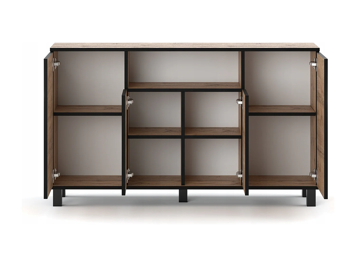 Grande commode style scandinave Chêne Wotan 140 CM avec 9 étagères TV Salon bureau