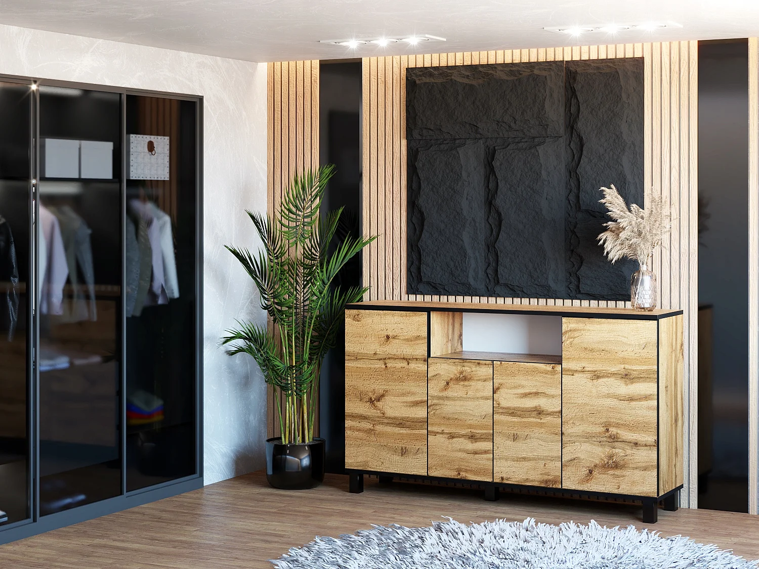 Grande commode style scandinave Chêne Wotan 140 CM avec 9 étagères TV Salon bureau