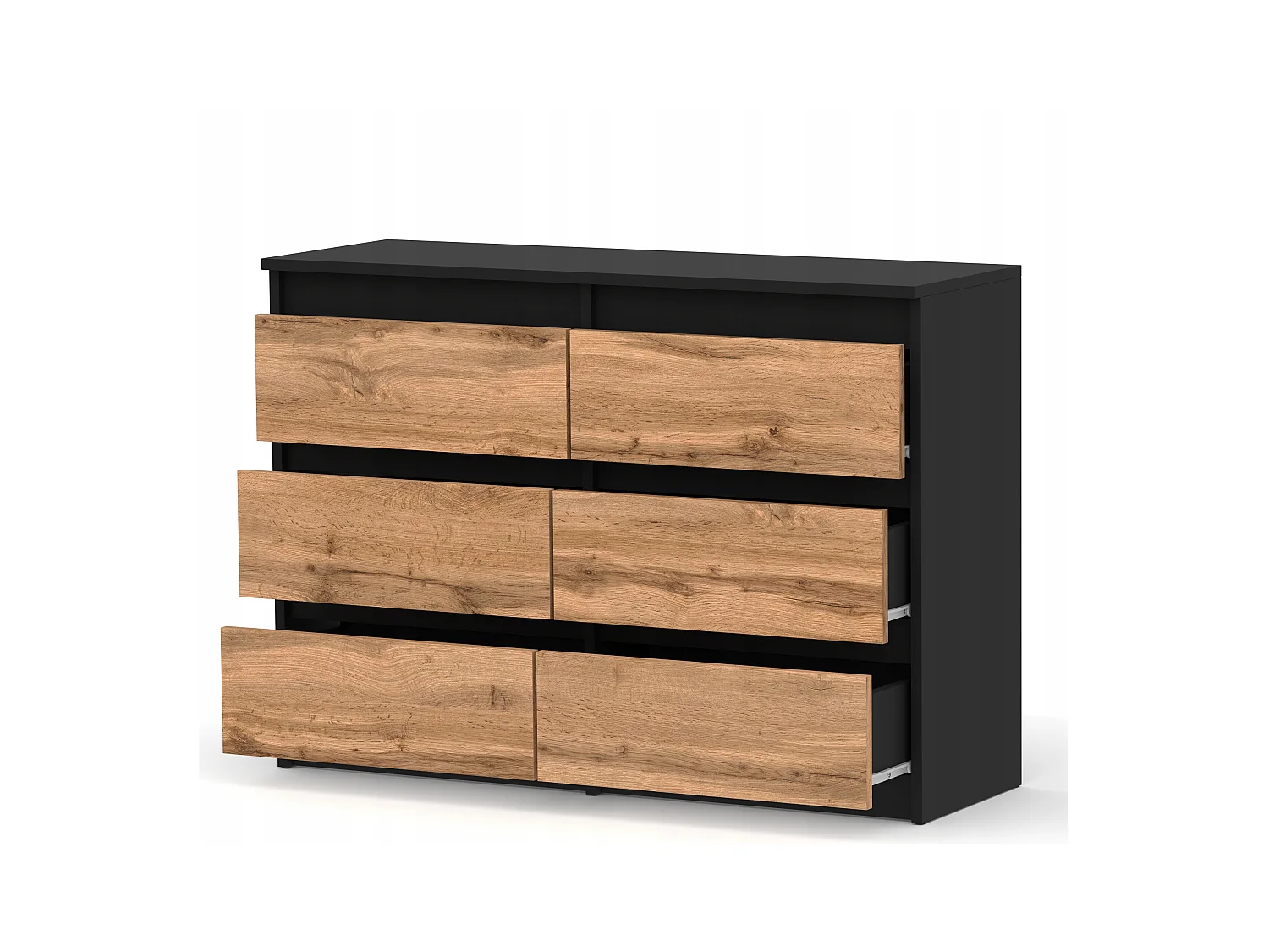 Commode Noire + Chêne Wotan 100 cm – 6 tiroirs – Meuble TV spacieux style loft / salon