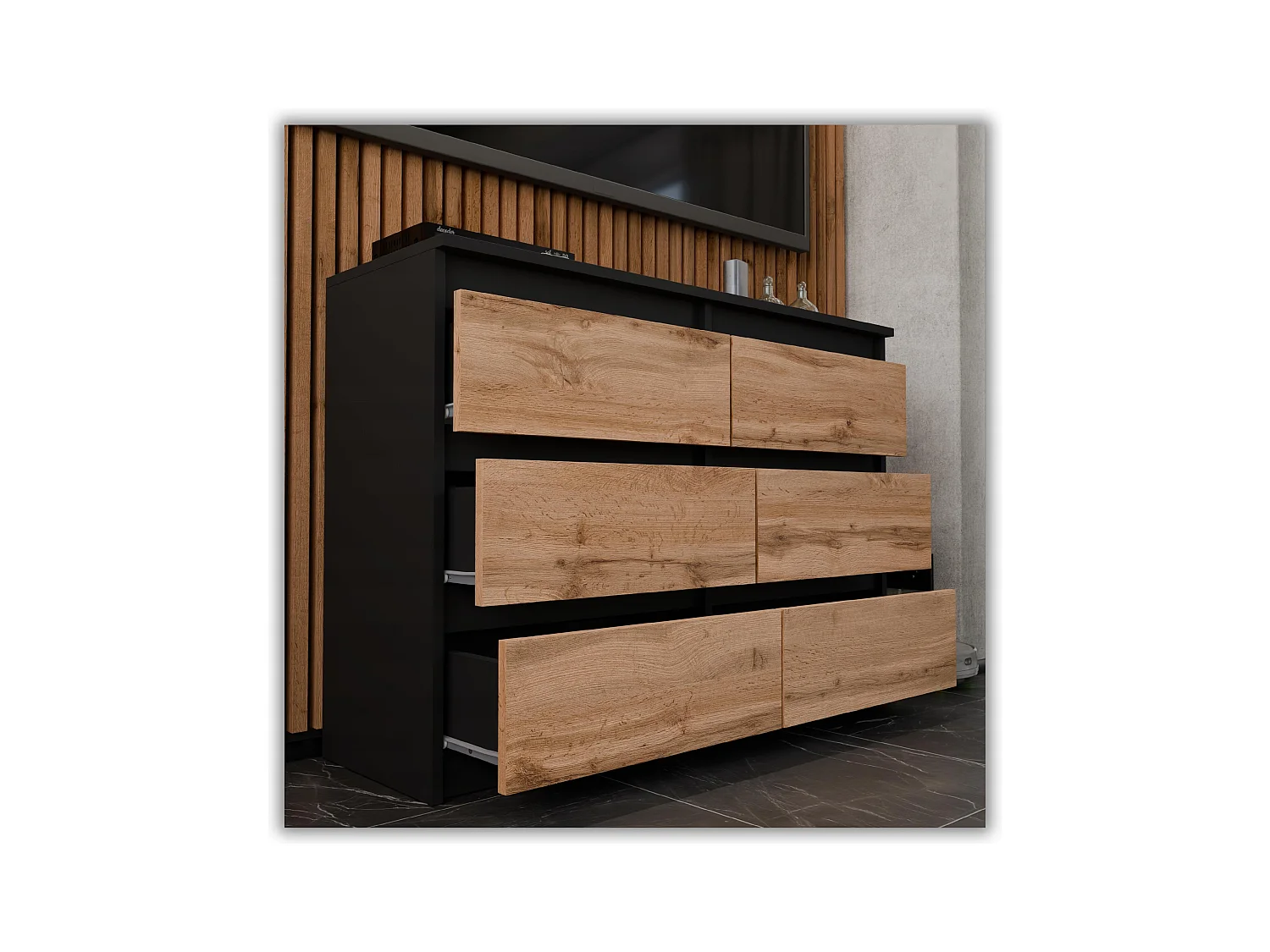 Commode Noire + Chêne Wotan 100 cm – 6 tiroirs – Meuble TV spacieux style loft / salon