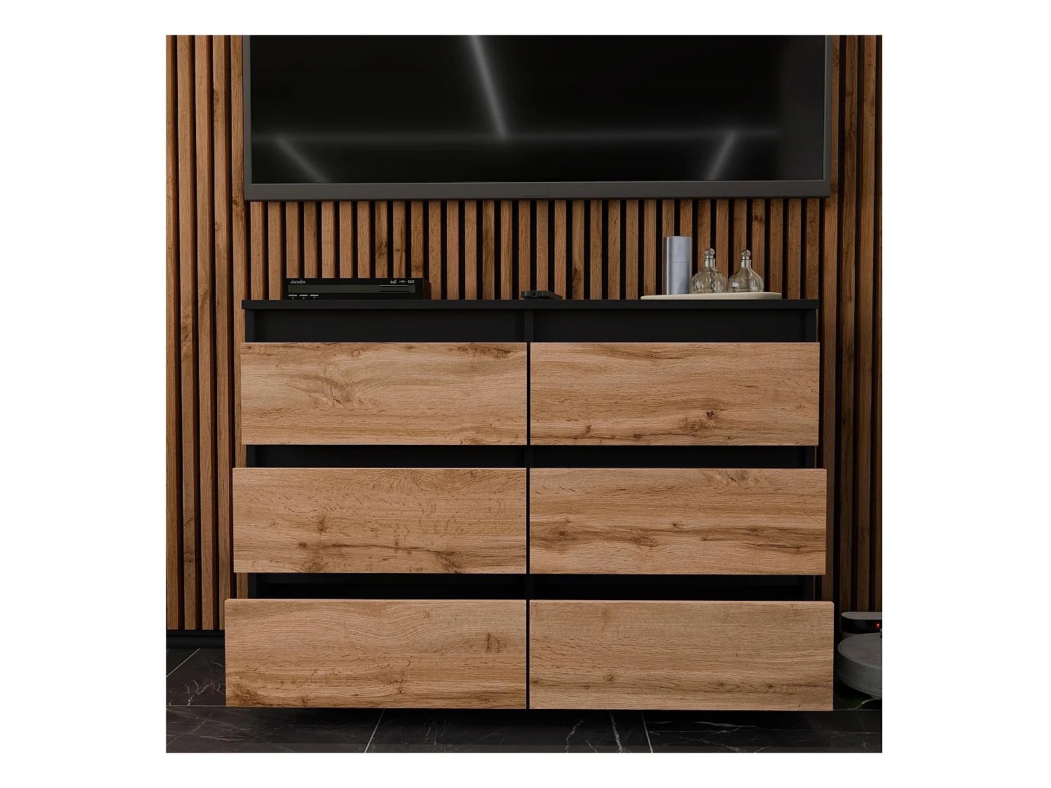 Commode Noire + Chêne Wotan 100 cm – 6 tiroirs – Meuble TV spacieux style loft / salon