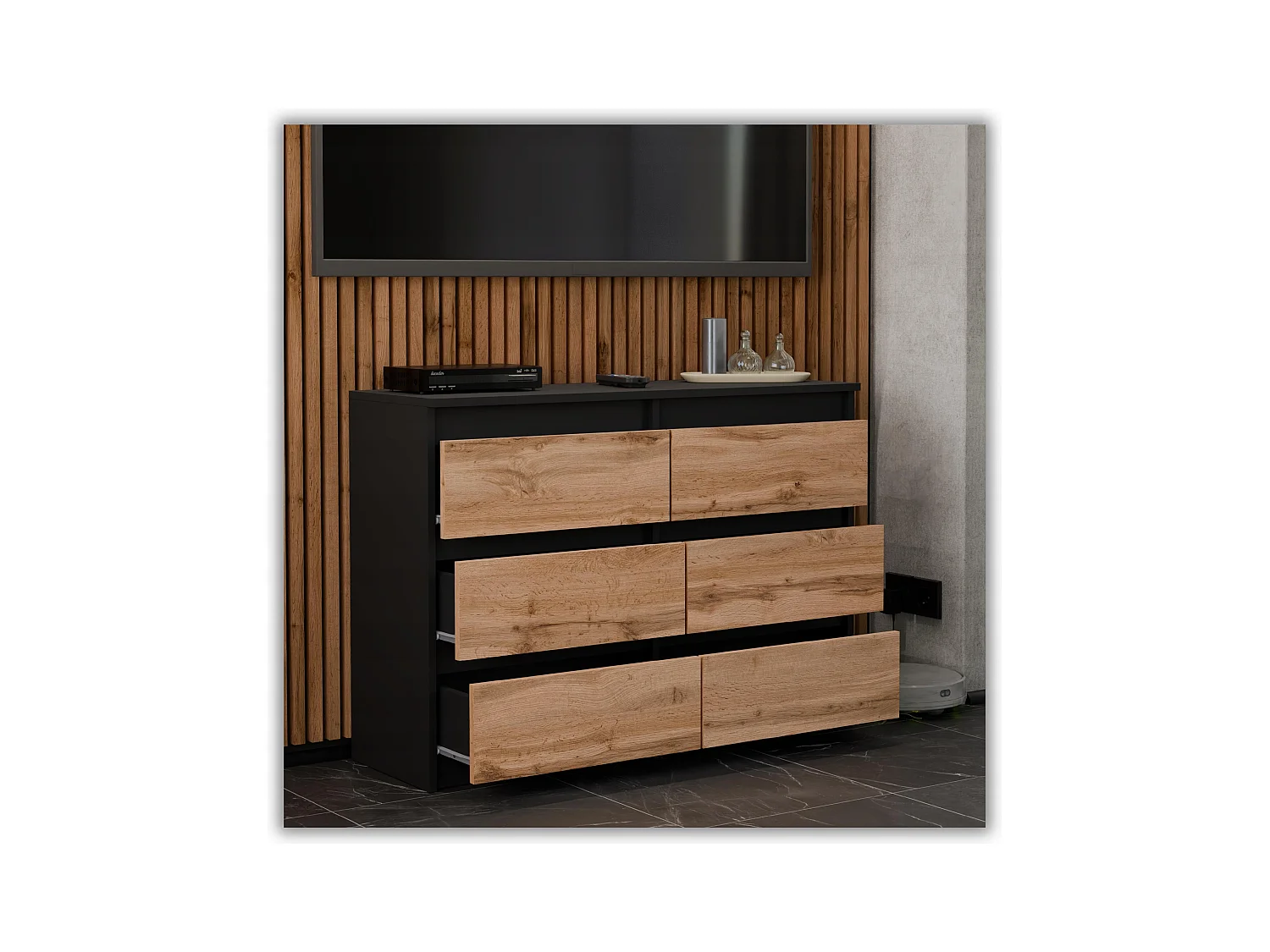 Commode Noire + Chêne Wotan 100 cm – 6 tiroirs – Meuble TV spacieux style loft / salon