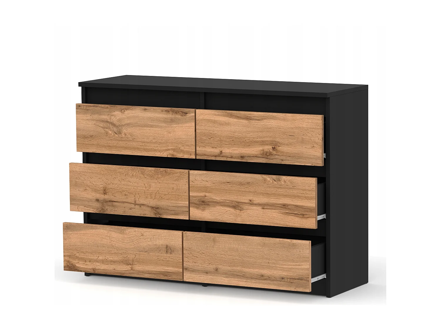 Commode Noire + Chêne Wotan 100 cm – 6 tiroirs – Meuble TV spacieux style loft / salon