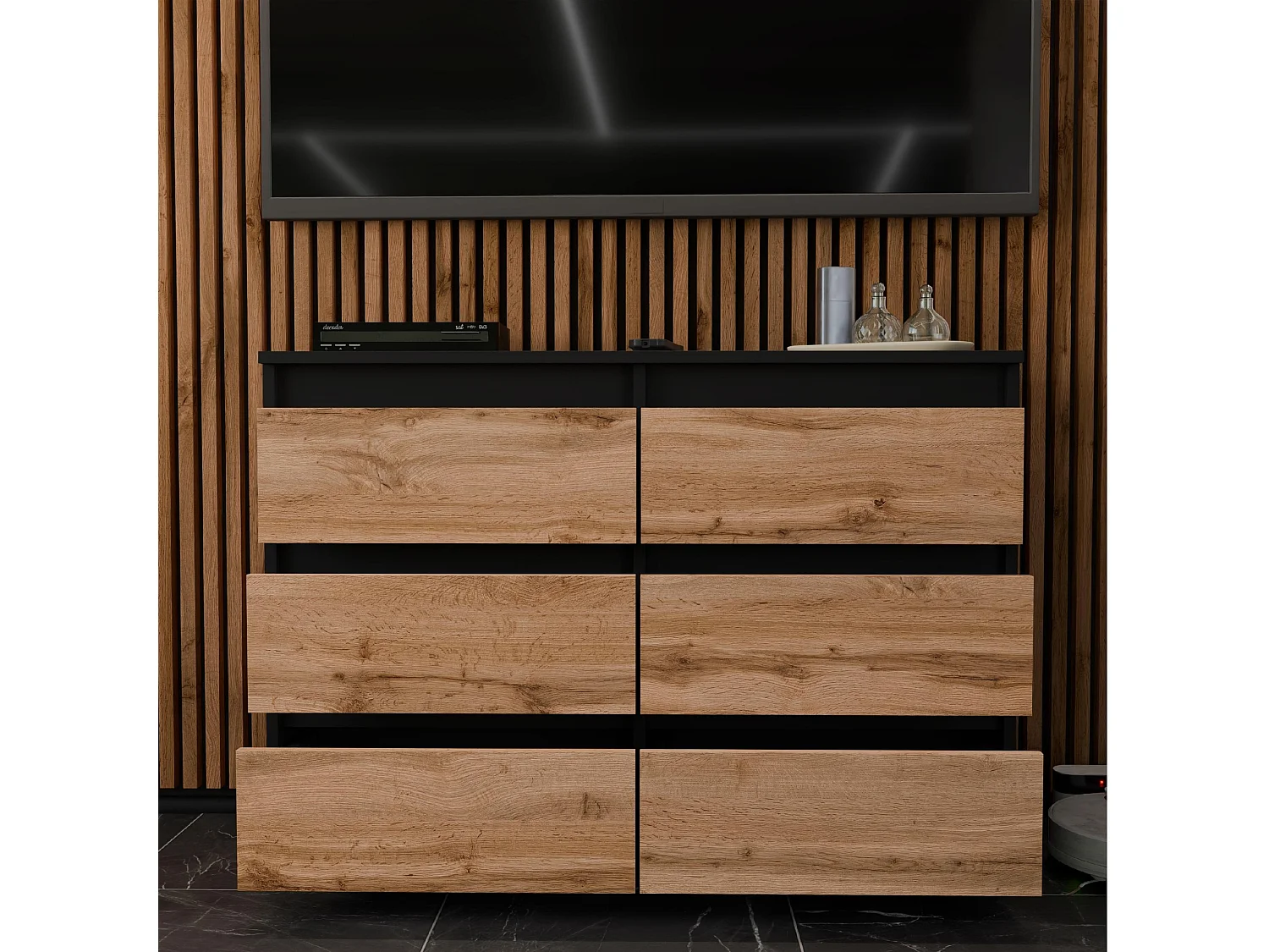 Commode Noire + Chêne Wotan 100 cm – 6 tiroirs – Meuble TV spacieux style loft / salon
