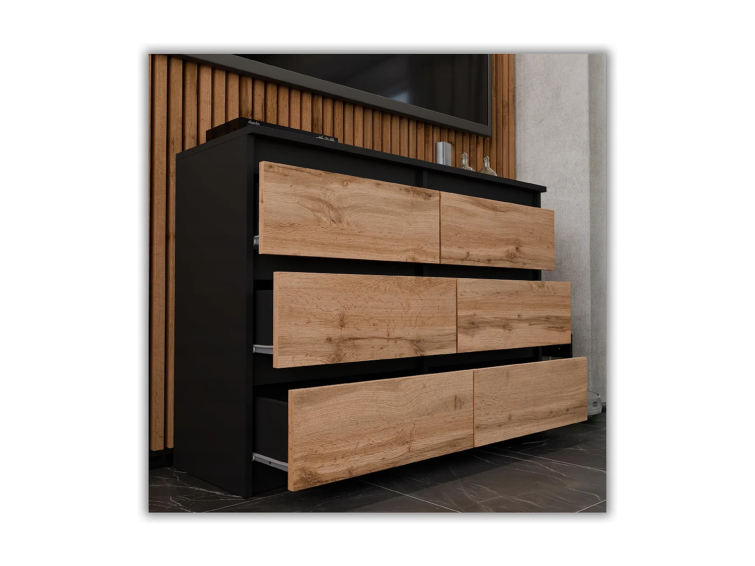 Commode Noire + Chêne Wotan 100 cm – 6 tiroirs – Meuble TV spacieux style loft / salon