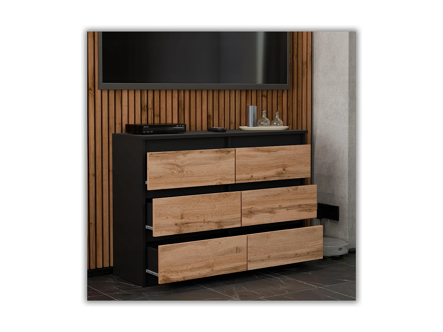 Commode Noire + Chêne Wotan 100 cm – 6 tiroirs – Meuble TV spacieux style loft / salon