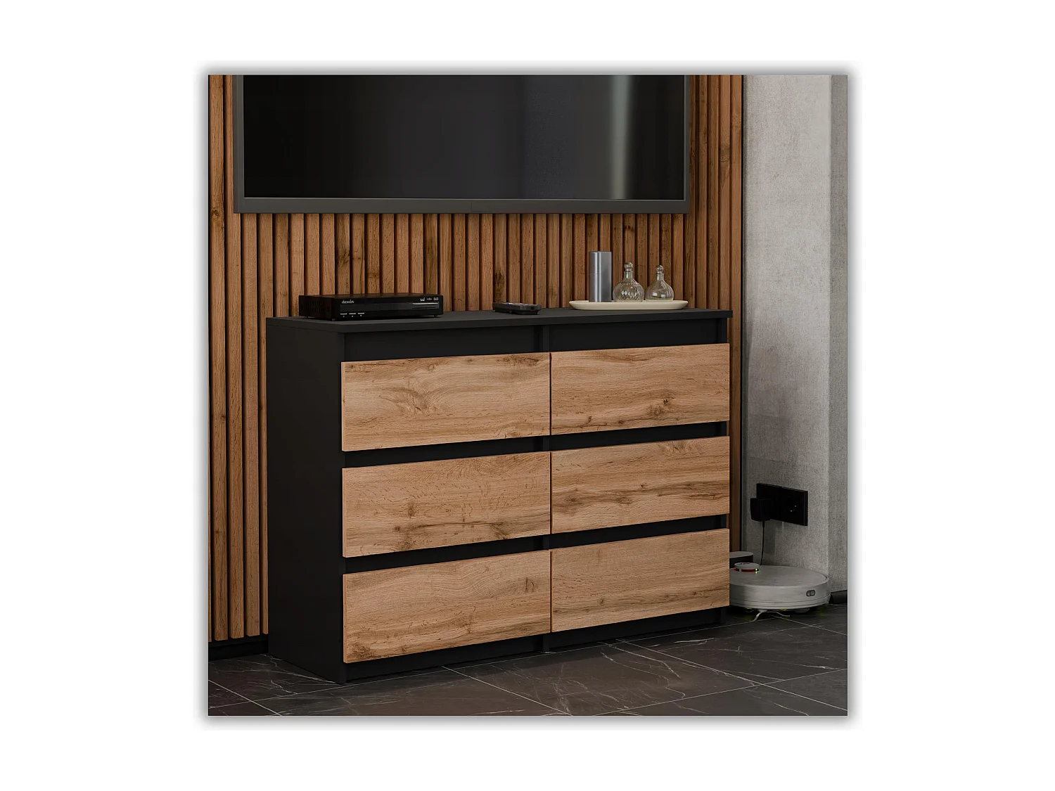 Komoda z 6 Szufladami 100 CM Szafka Czarny Mat Dąb Wotan Meble do Salonu Sypialni