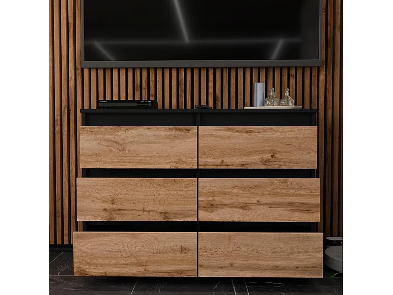 Commode Noire + Chêne Wotan 100 cm – 6 tiroirs – Meuble TV spacieux style loft / salon