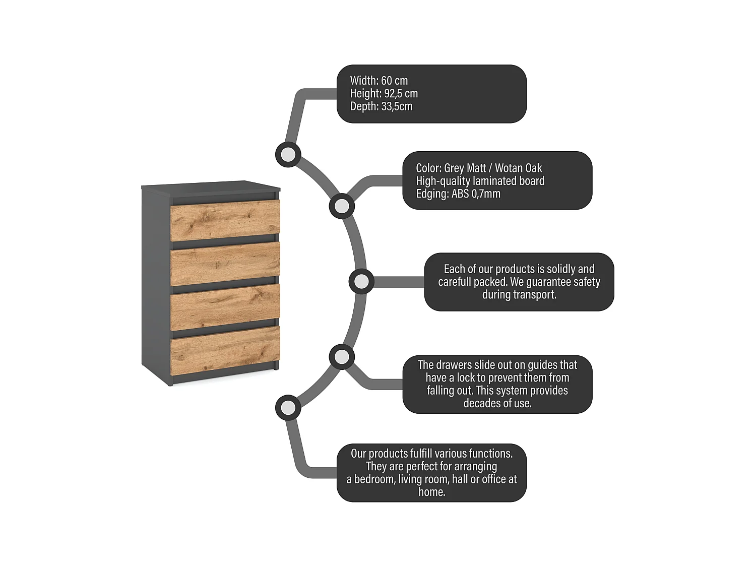 Commode Gris / Chêne Wotan avec 4 tiroirs 60 cm – Meuble TV, armoire pour salon ou chambre