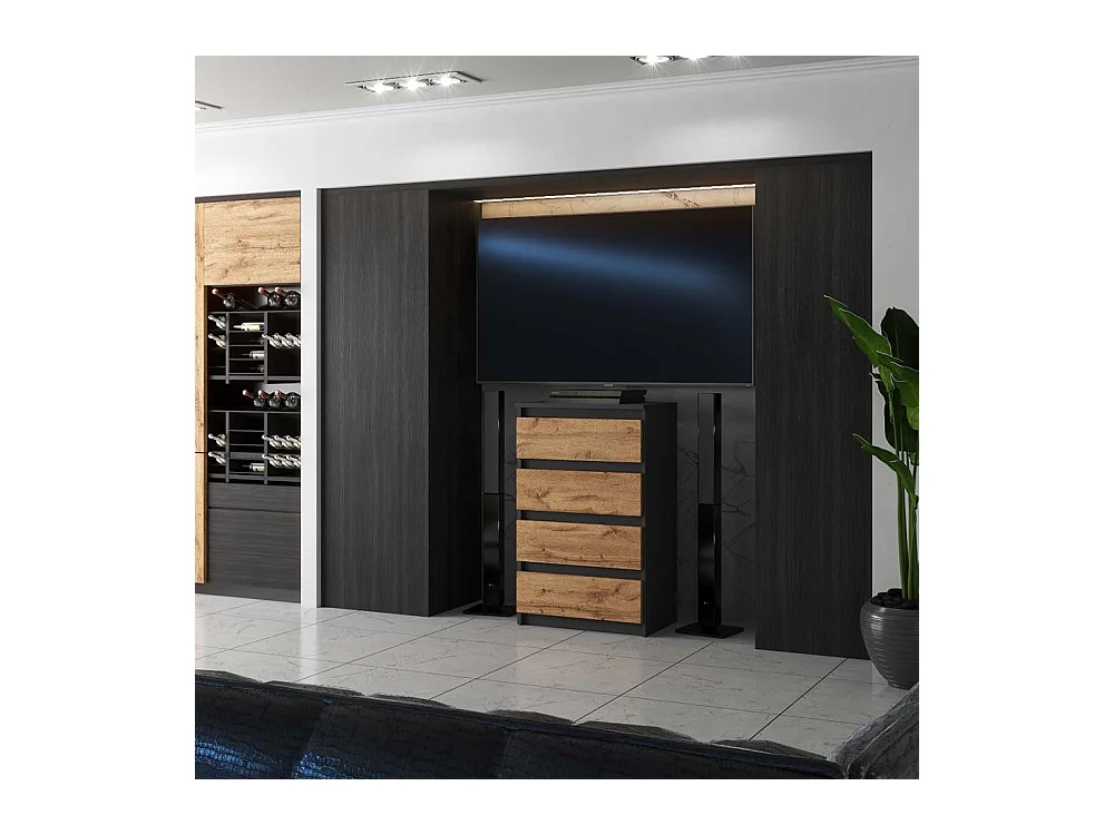 Commode Gris / Chêne Wotan avec 4 tiroirs 60 cm – Meuble TV, armoire pour salon ou chambre