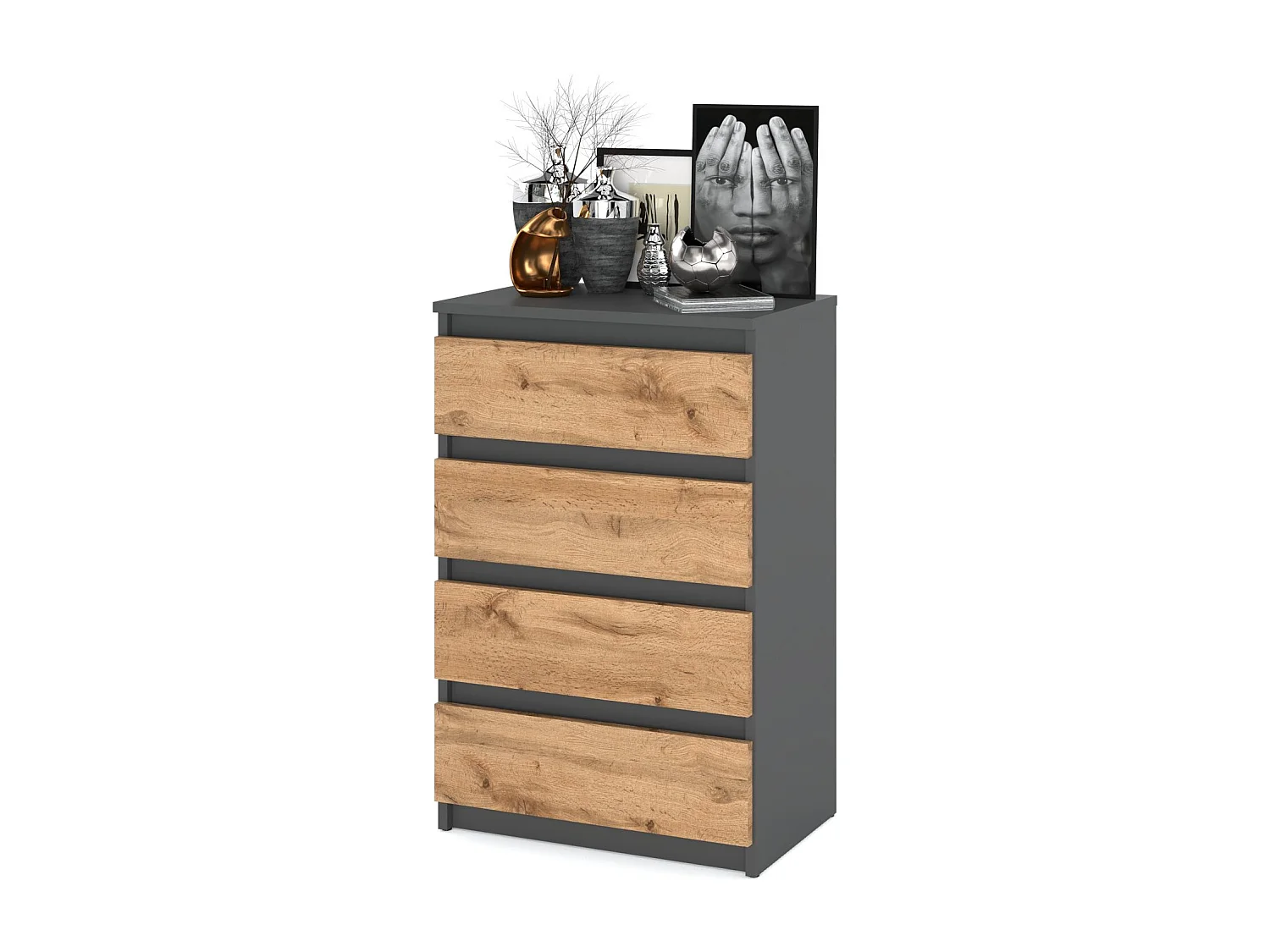 Commode Gris / Chêne Wotan avec 4 tiroirs 60 cm – Meuble TV, armoire pour salon ou chambre