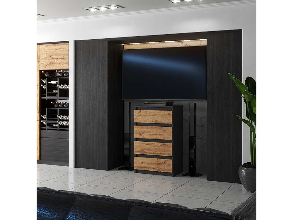 Commode Gris / Chêne Wotan avec 4 tiroirs 60 cm – Meuble TV, armoire pour salon ou chambre