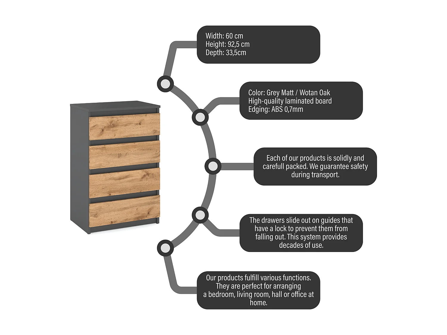 Commode Gris / Chêne Wotan avec 4 tiroirs 60 cm – Meuble TV, armoire pour salon ou chambre