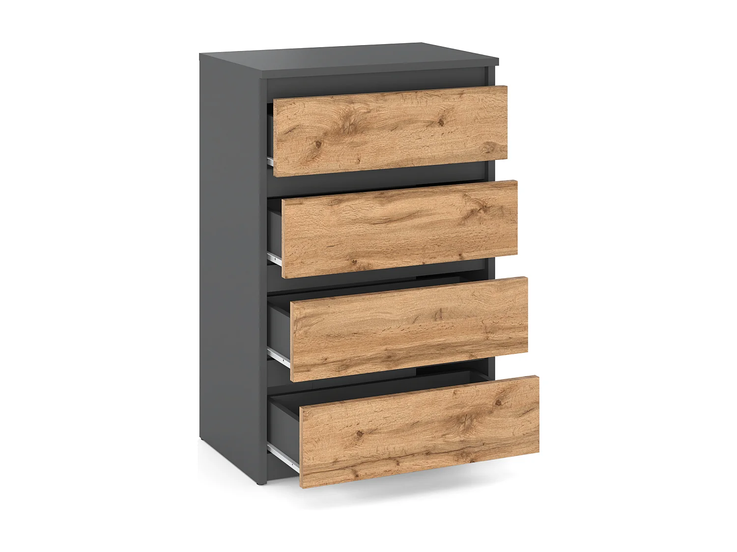 Commode Gris / Chêne Wotan avec 4 tiroirs 60 cm – Meuble TV, armoire pour salon ou chambre