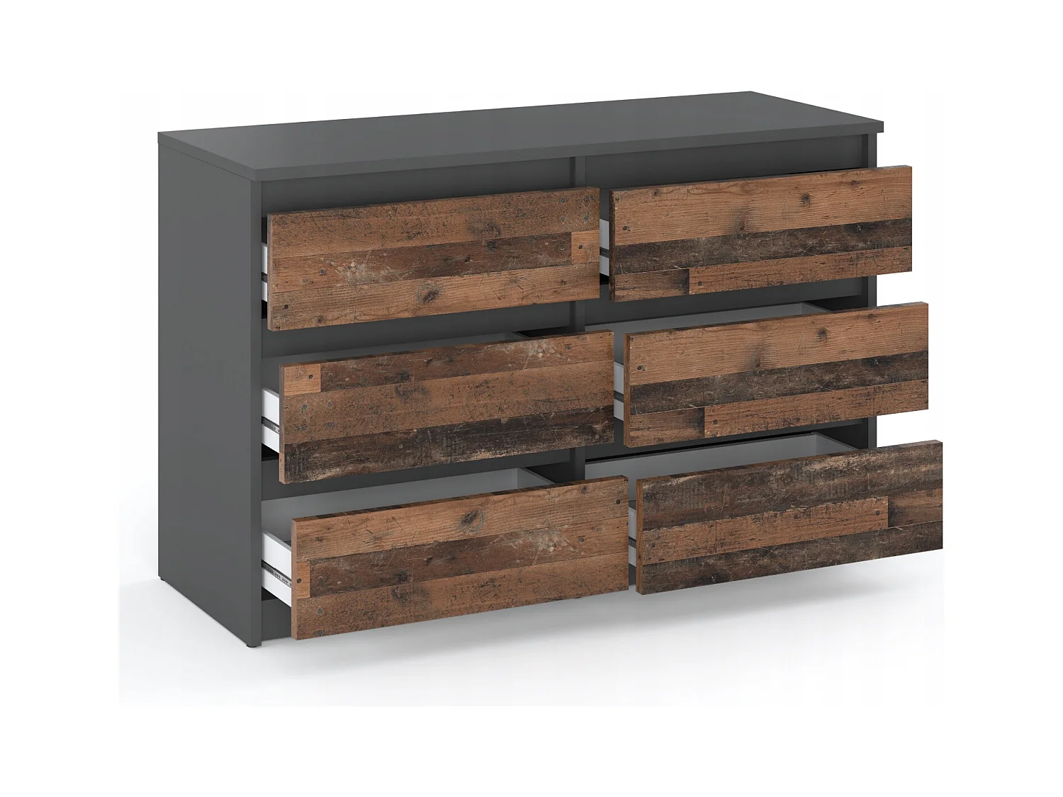 Commode GRISE vintage 100 cm – 6 tiroirs – Meuble TV moderne style rétro salon