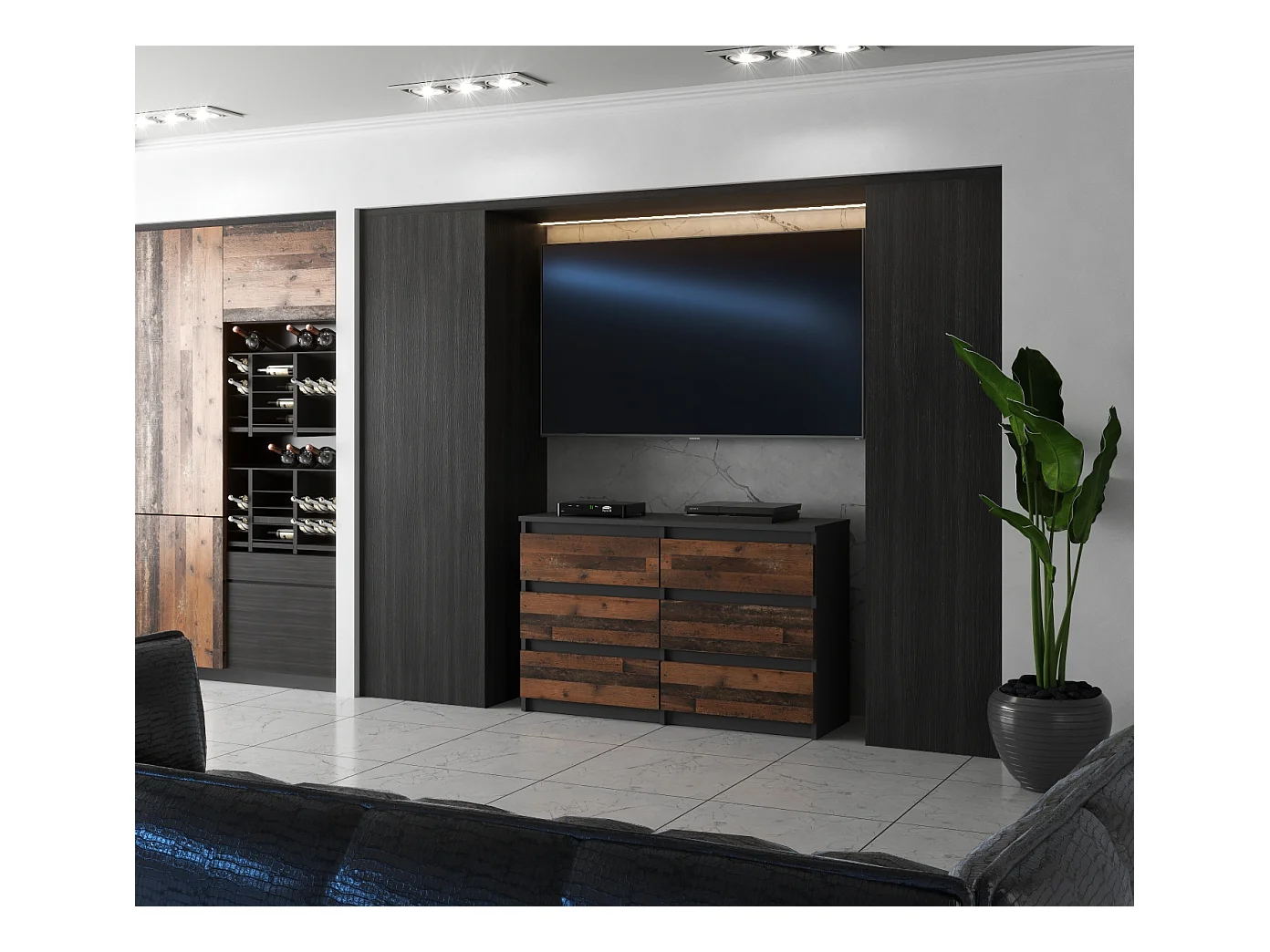 Commode GRISE vintage 100 cm – 6 tiroirs – Meuble TV moderne style rétro salon