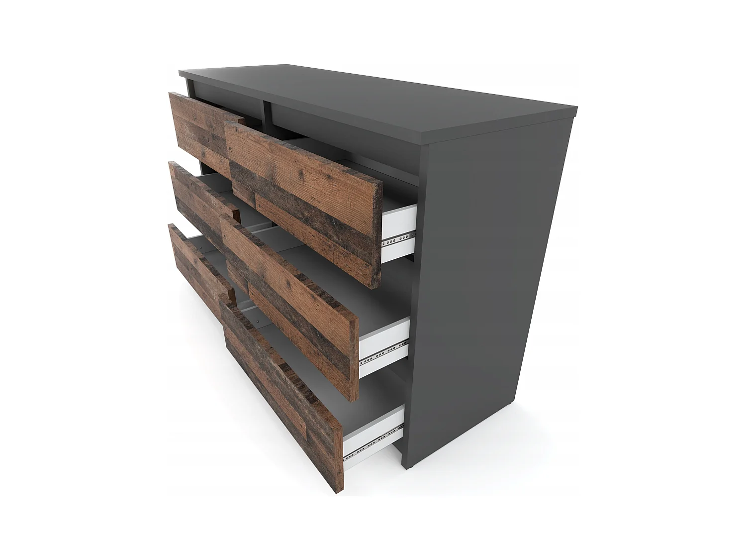 Commode GRISE vintage 100 cm – 6 tiroirs – Meuble TV moderne style rétro salon