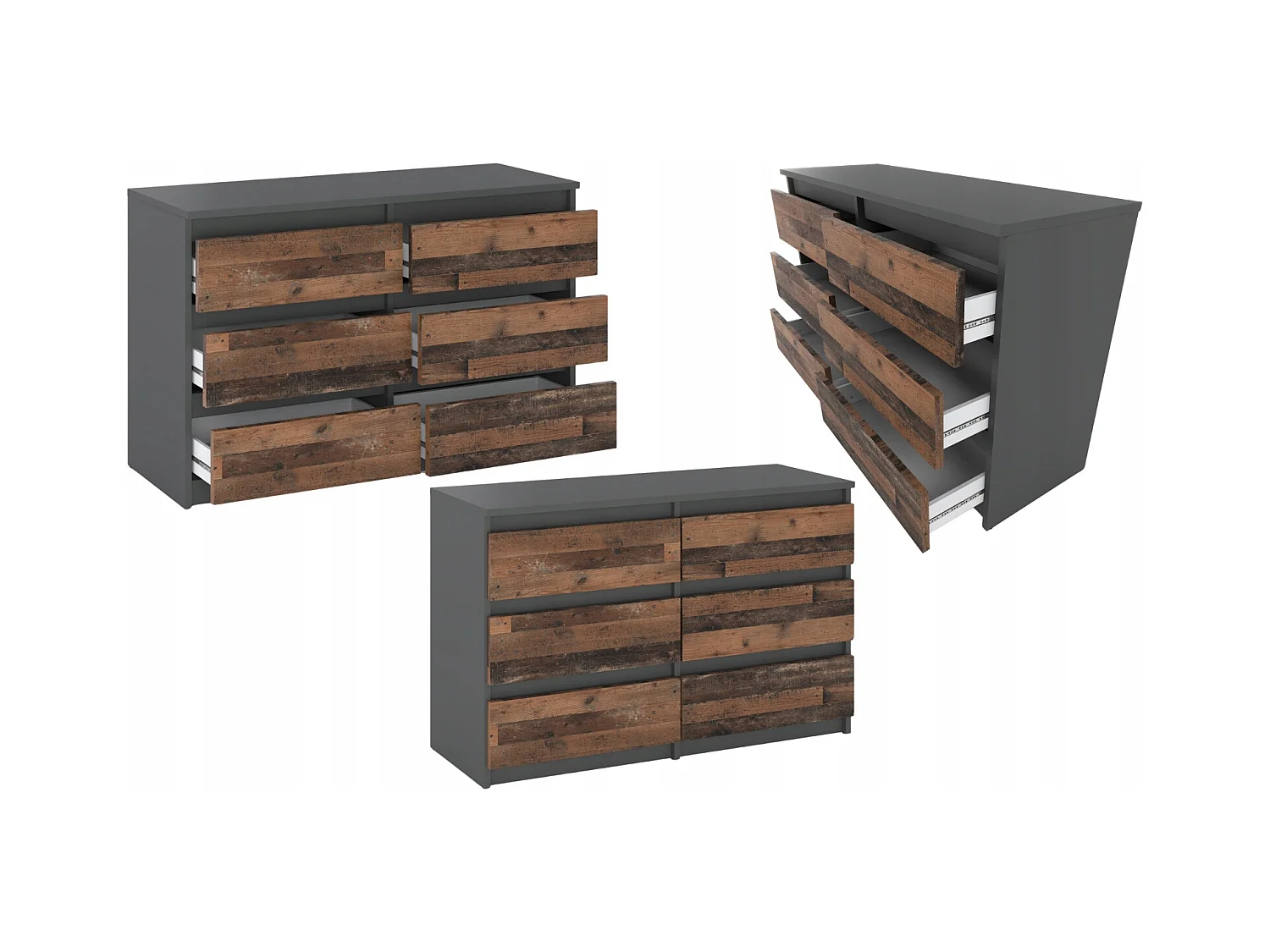 Commode GRISE vintage 100 cm – 6 tiroirs – Meuble TV moderne style rétro salon