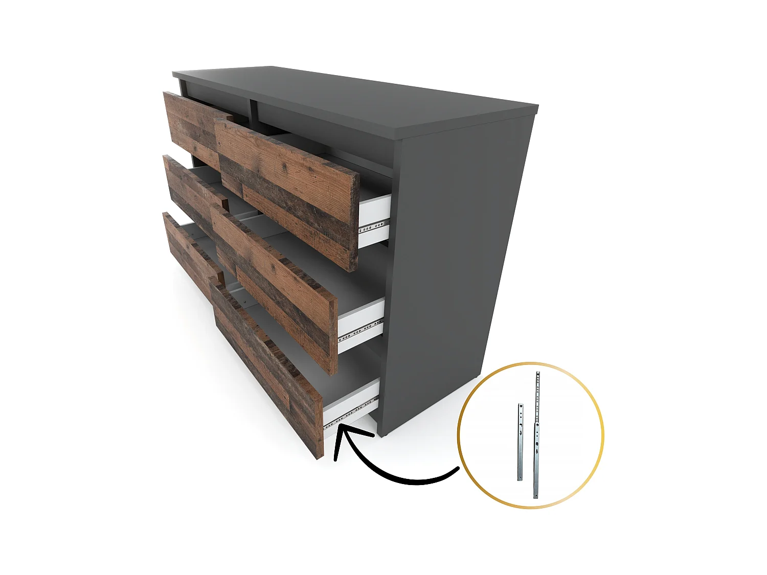 Commode GRISE vintage 100 cm – 6 tiroirs – Meuble TV moderne style rétro salon