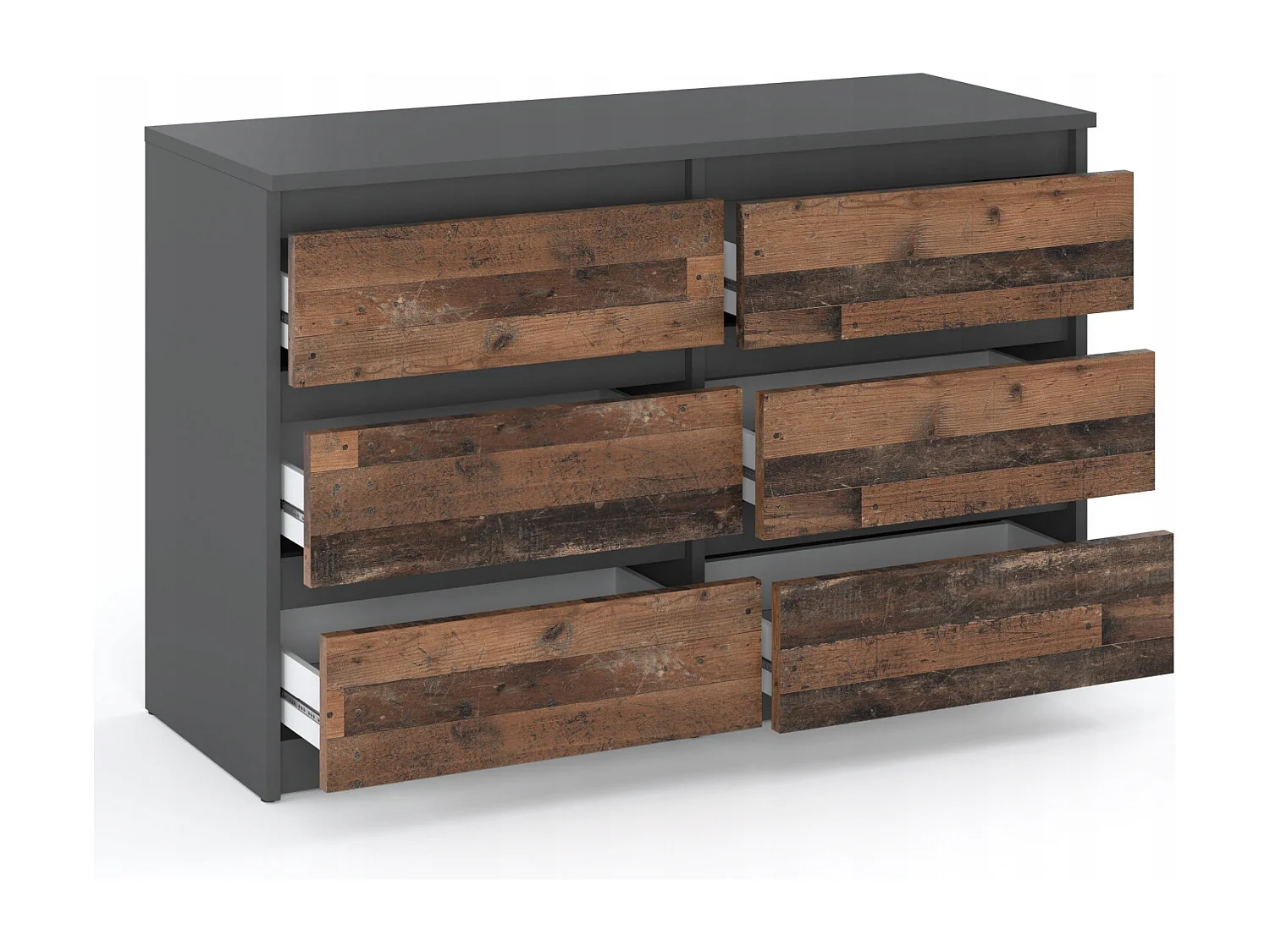 Commode GRISE vintage 100 cm – 6 tiroirs – Meuble TV moderne style rétro salon